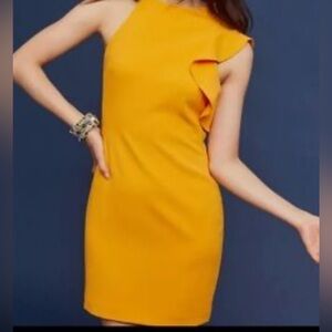 Black Halo Yellow Pleated One-Shoulder Cocktail Dress